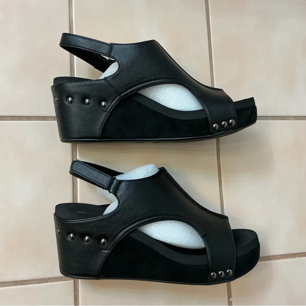 Corkys Carley Black Combo Adjustable Suede Wedge Sandals Sz 9 NIB! - Picture 2 of 6